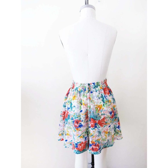Vintage 90s Floral High Waist Shorts S M - 1990s Skort Mini Skirt Elastic Waist - Picture 4 of 7